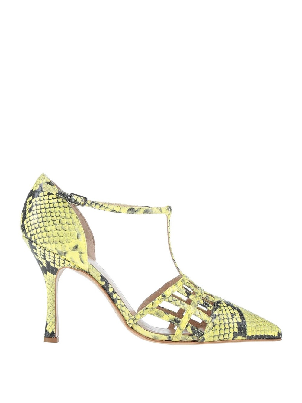 Yellow Snake-Print Pointed Toe Strappy Heels